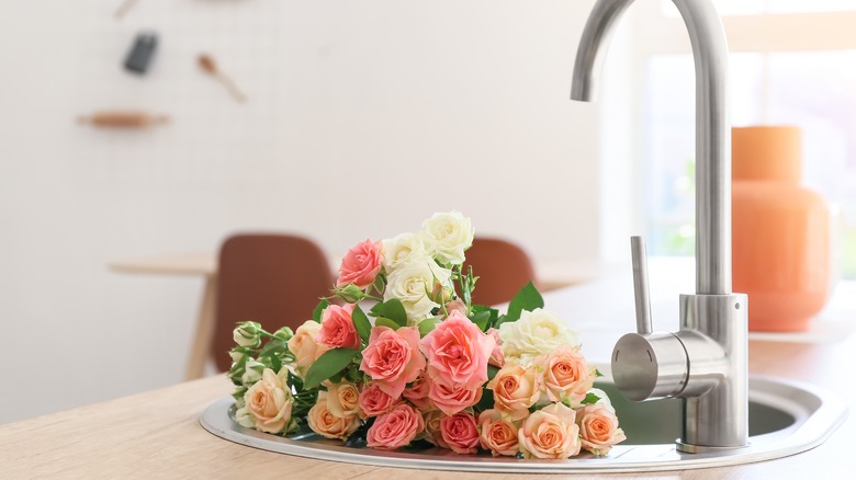 Kitchen sink with flowers