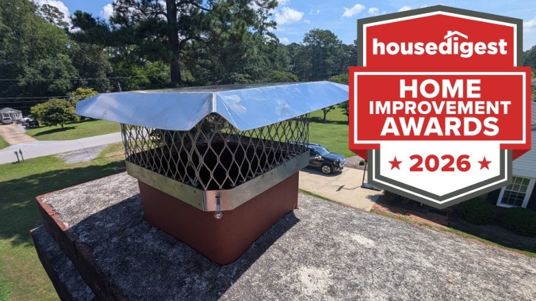 A metal chimney cap on the roof of a home on a residential street