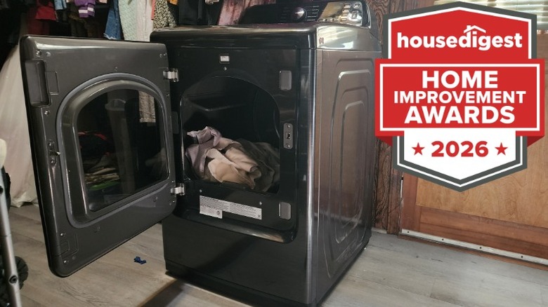 A split image of a dark gray dryer in a laundry room, one photo with it open, one photo closed