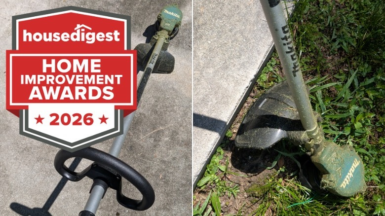 A Makita brand string trimmer on a concrete surface