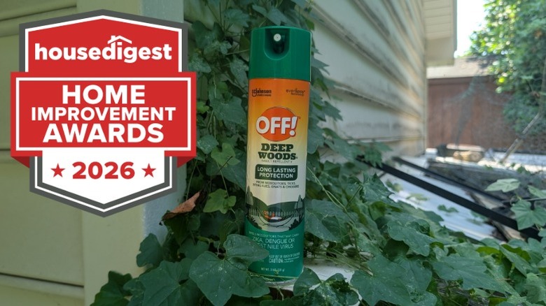 A can of Off bug spray outdoors next to vines