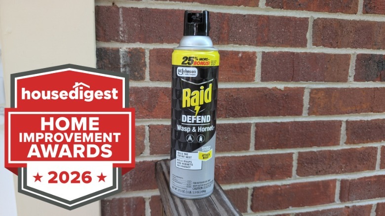 A can of Raid wasp spray sitting outside on a balcony in front of a brick wall