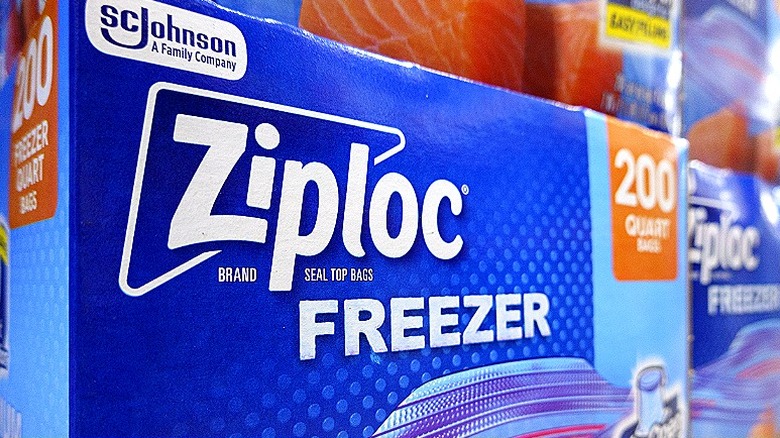 Close-up of a box of Ziploc Freezer Slider quart bags in a grocery store