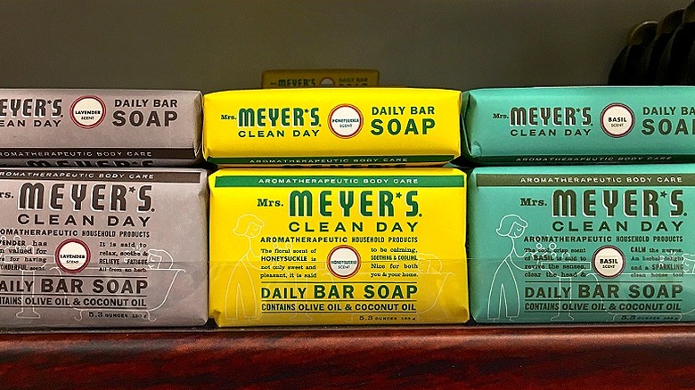 Mrs. Meyer's Clean Day soap products on display on a store shelf
