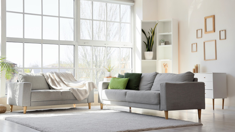 An airy light-filled living room is furnished minimally with grey couches, a few other pieces,  and a few plants.
