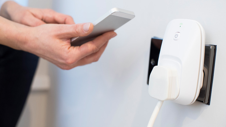 A person controlling the smart plug on the phone