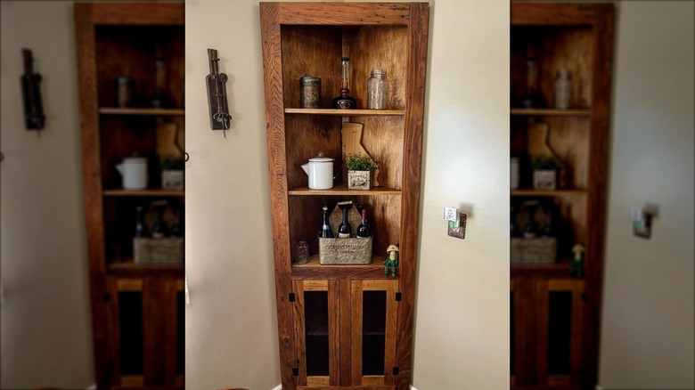 Wood corner hutch with open shelves
