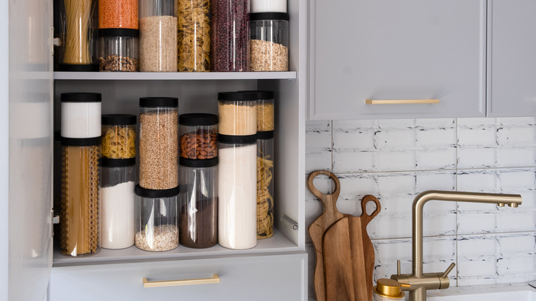 Organized pantry in gray kitchen