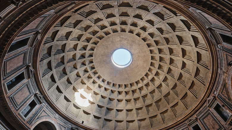 The interior domed ceiling of the Pantheon in Rome