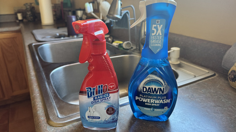 Brillo and Dawn dish sprays next to sink