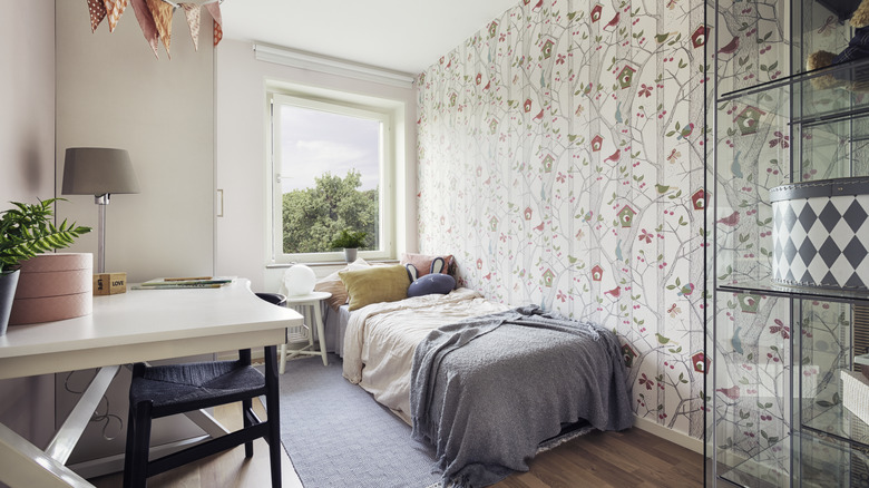 wallpapered bedroom