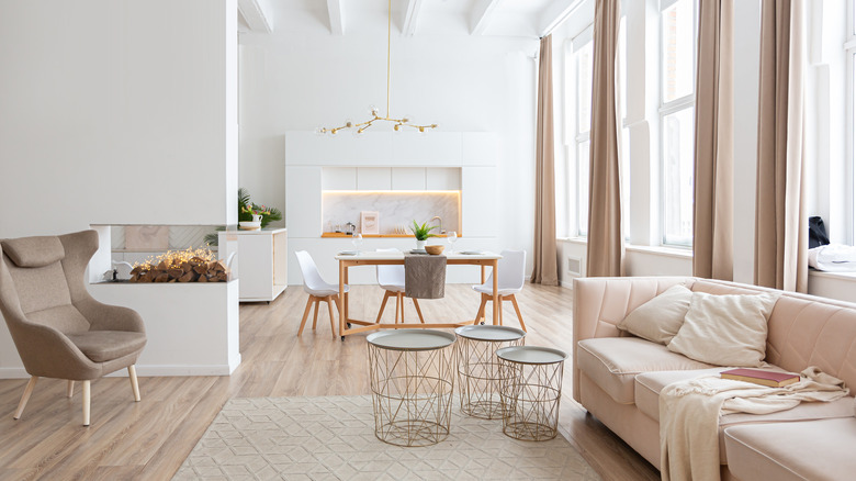 A neutral living and dining space
