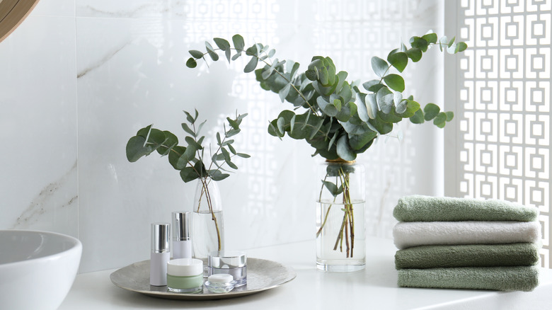 eucalyptus arrangements on bathroom counter