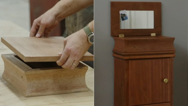 Split image of top being placed on an unfinished wooden jewelry armoire and the completed project.