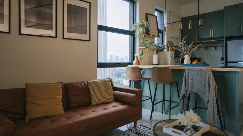 Studio apartment with leather sofa and dark green kitchen
