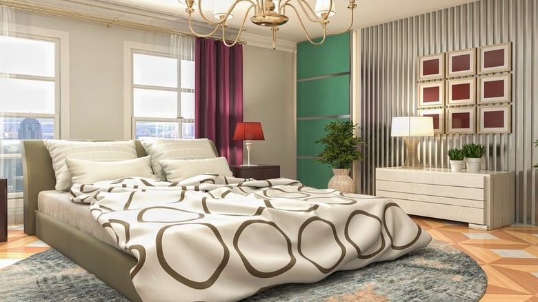 Bed room with circle pattern bedspread