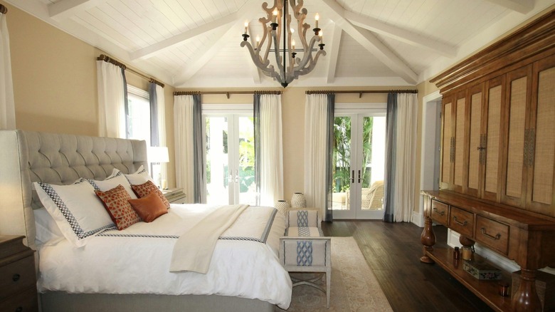 Bedroom with various patterns spread out