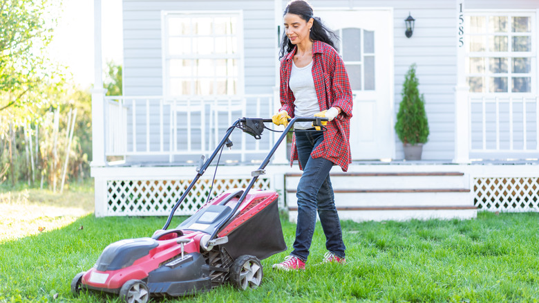 person pushing red lawn mower