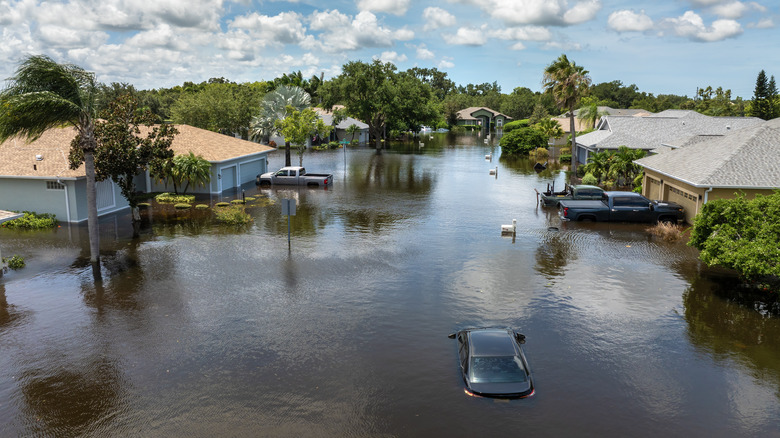 Cars and homes along a flooded residential street are partially submerged in water