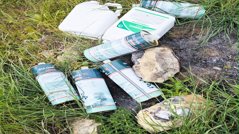 Collection of pesticides laying in the grass