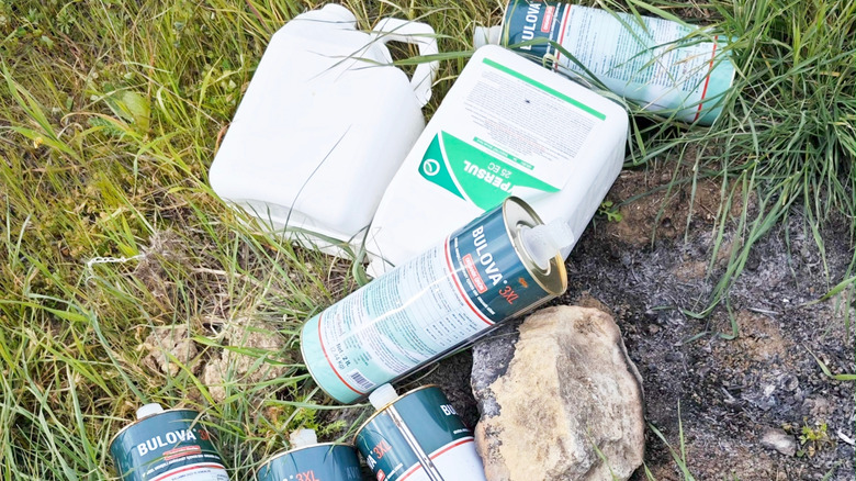 Collection of pesticides laying in the grass