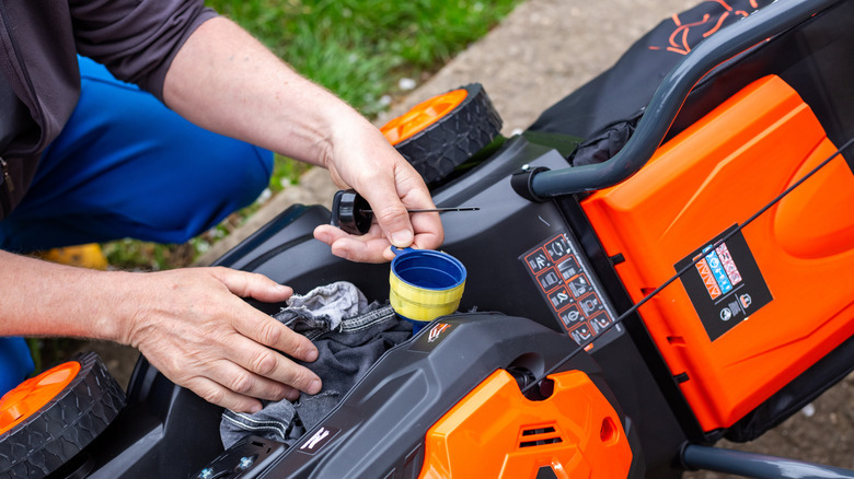 Person performs basic maintenance on the engine of their push lawn mower.