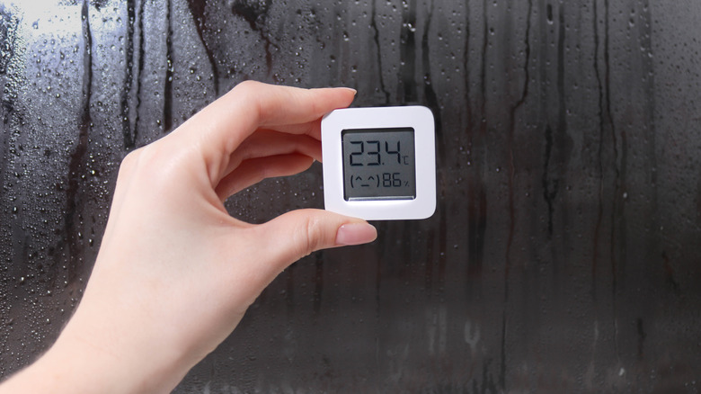 A woman's hand holding a hygrometer in front of window with condensation