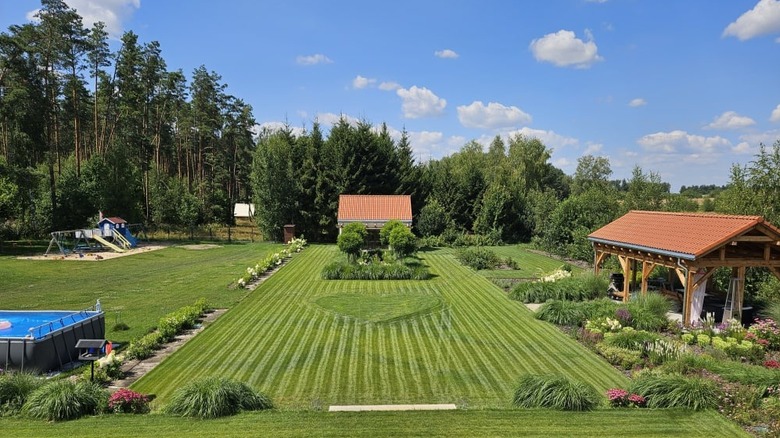 A wide view of a lawn with a heart shaped into it