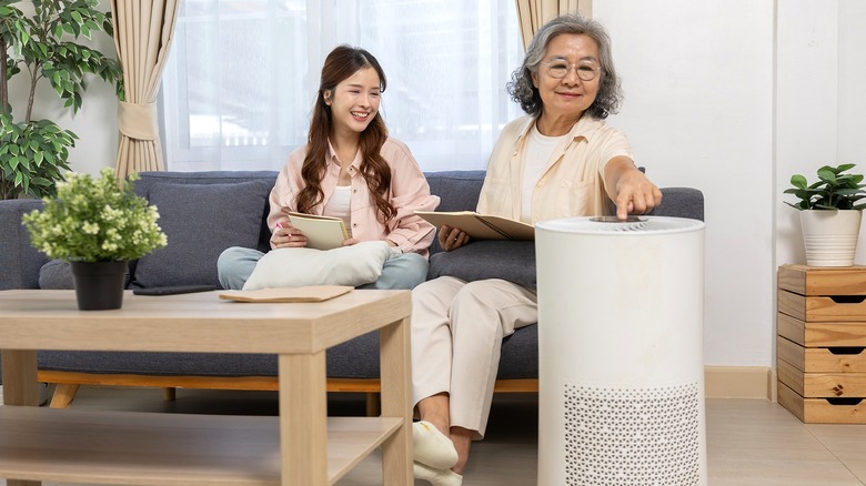 Two people working in living area with houseplants, smiling, while the older person turns on an air purifier