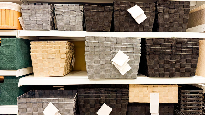 storage baskets on shelves in a store
