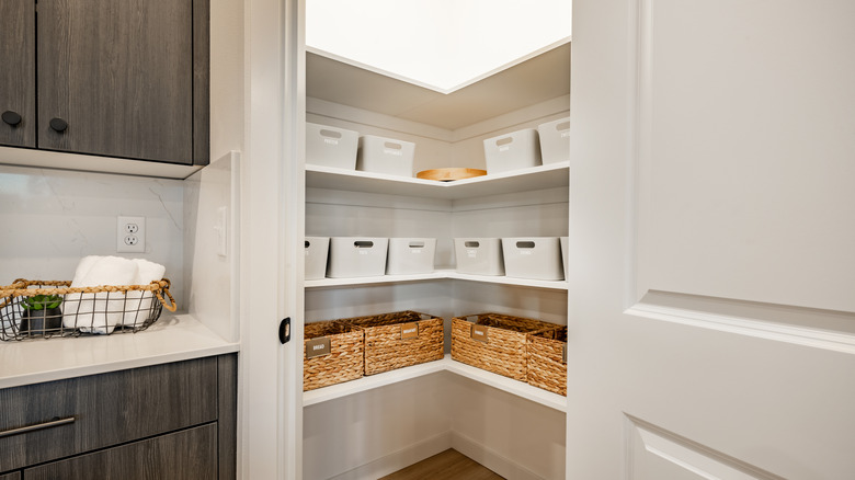 pantry with open doors showing plastic and wicker baskets
