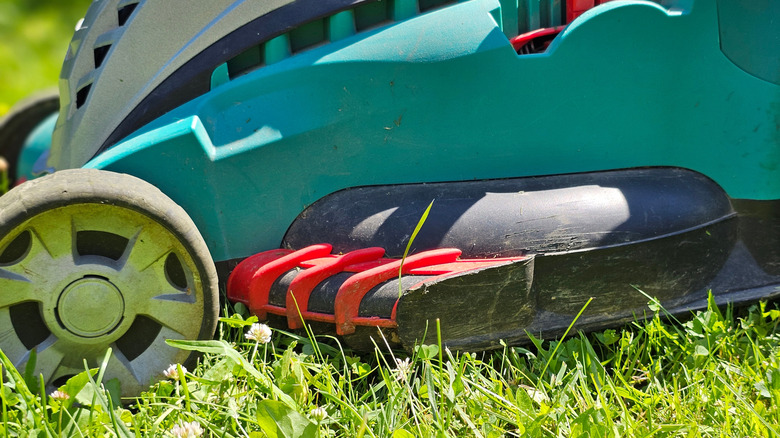 Closeup of lawn mower wheel in green grass