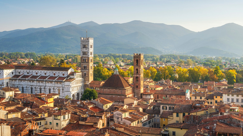 Aerial view of famous medieval hill town with its skyline of medieval tower