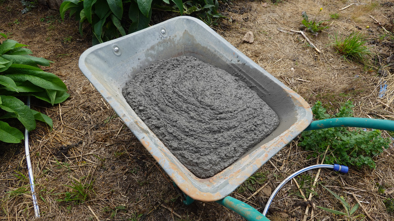 Wheelbarrow filled with wet concrete