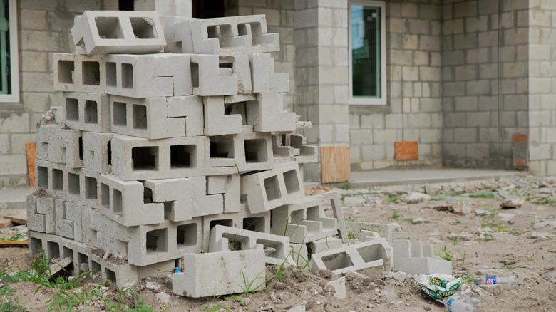 Pile of cinder blocks at a construction site