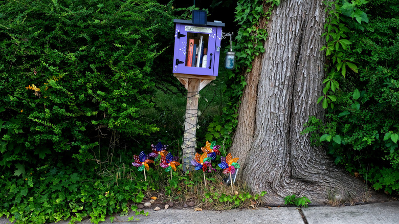 A small free library on the edge of the sidewalk.
