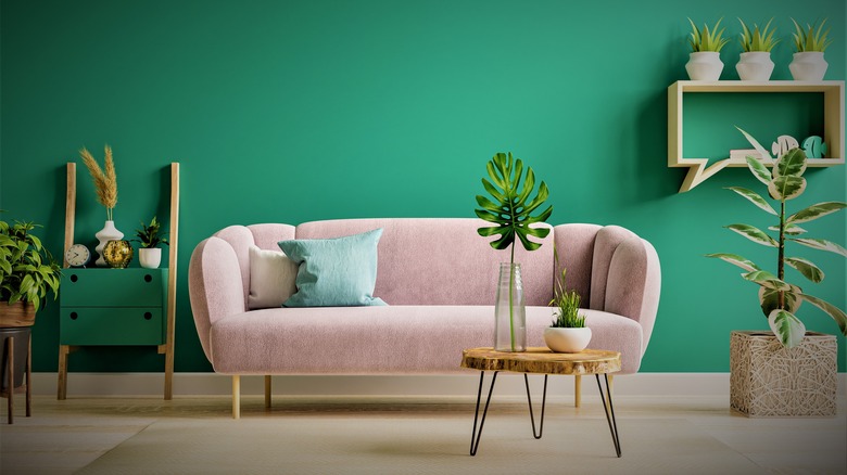green and pink living room