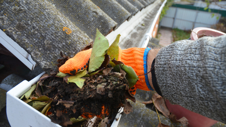 cleaning a clogged roof gutter