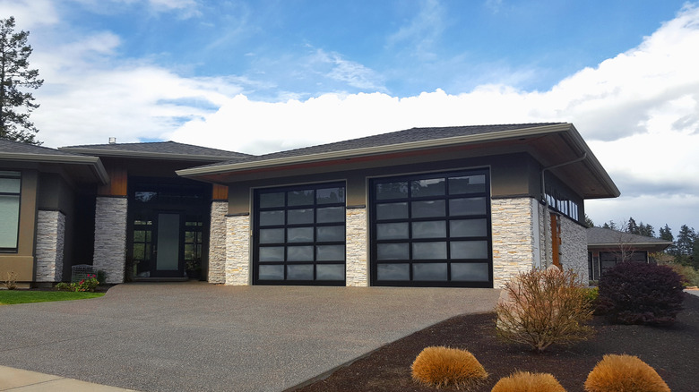 A large garage with glass doors