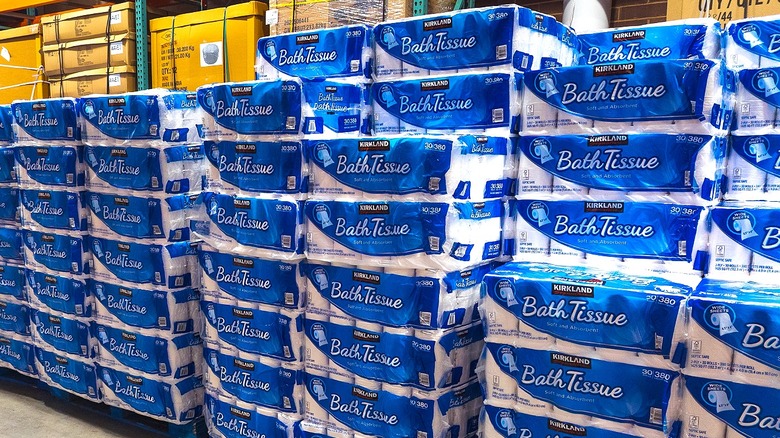 Pallets of Costco Kirkland Signature bath tissue in the store