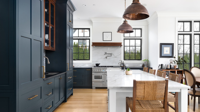 kitchen with navy cabinets