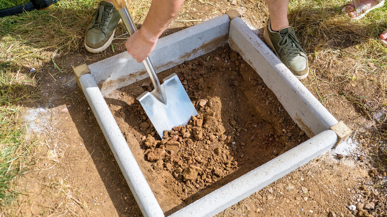 person using shovel with soil in raised garden bed