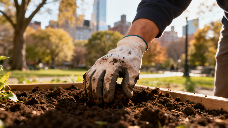 A person working the soil in a raised garden bed