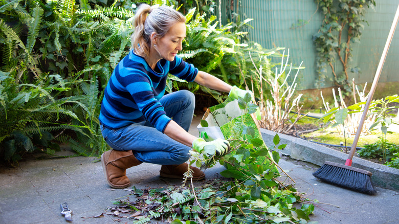 Older woman putting yard debris into a bag