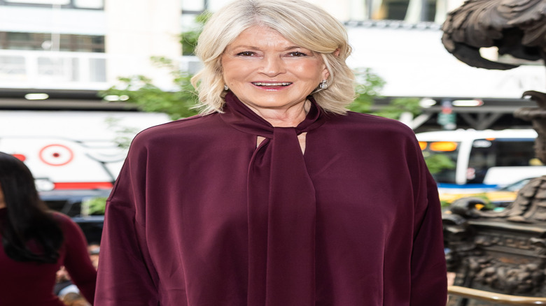 Martha Stewart smiles while standing on a city street