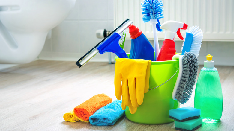 Bucket of cleaning supplies