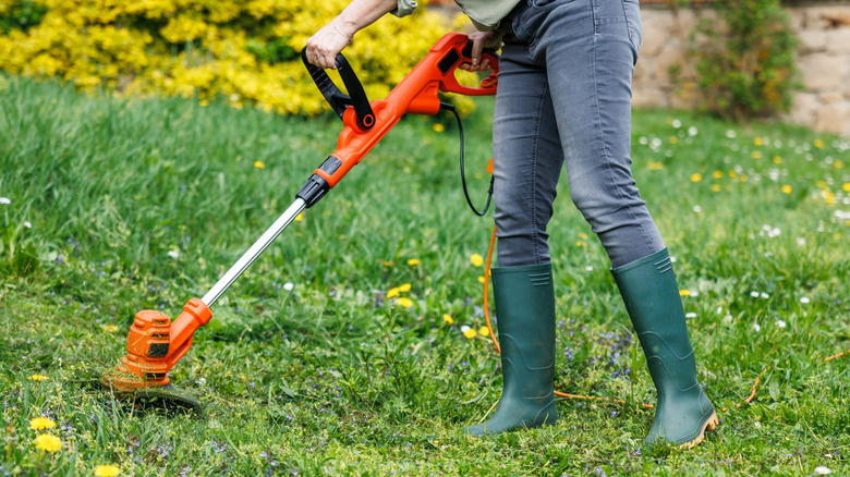 A person uses an electric string trimmer in a yard full of weeds