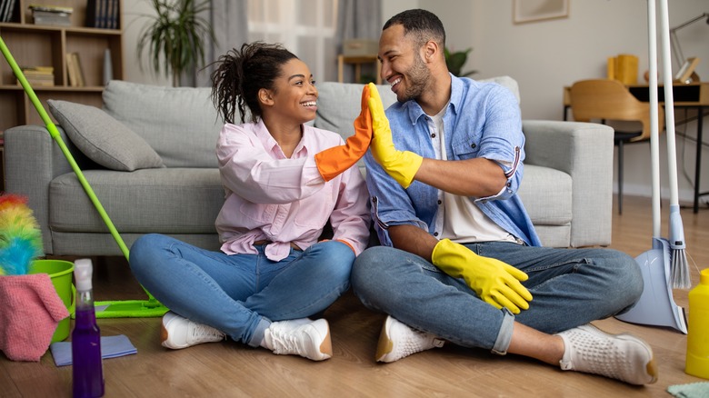 Woman cleaning a room