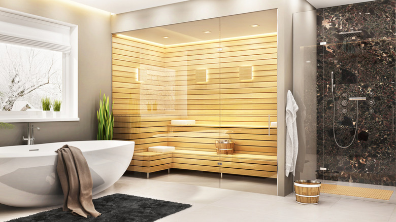 home sauna in bathroom with bathtub