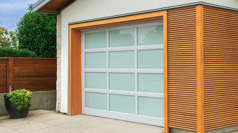 Frosted glass panels in a garage door on a house